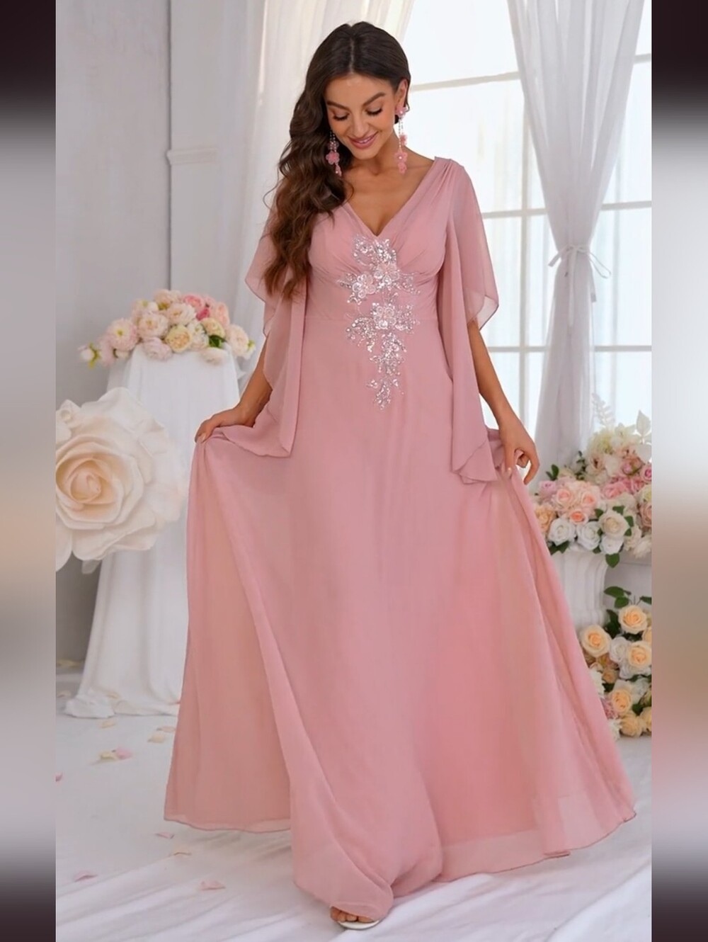 Butterfly Sleeve, Pearl Floral Pink Gown